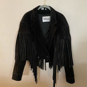 **Vintage** Crop Fringe Black Suede and leather Jacket.